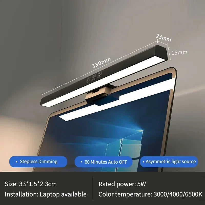 Laptop with a built-in light source showing dimensions and features on a gray background
