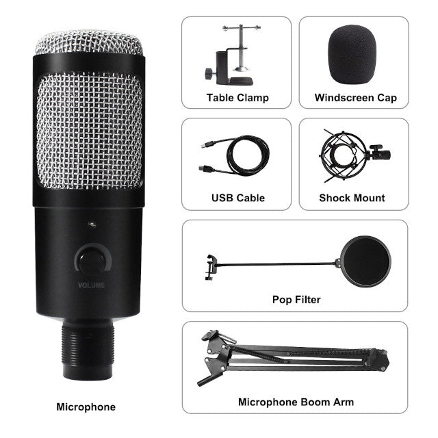 USB Microphone with Boom Arm, Pop Filter, Windscreen, Shock Mount, Table Clamp, Stand