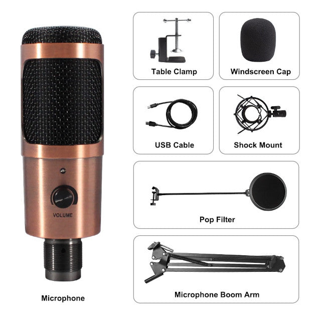 USB Microphone with Boom Arm, Pop Filter, Windscreen, Shock Mount, Table Clamp, Stand
