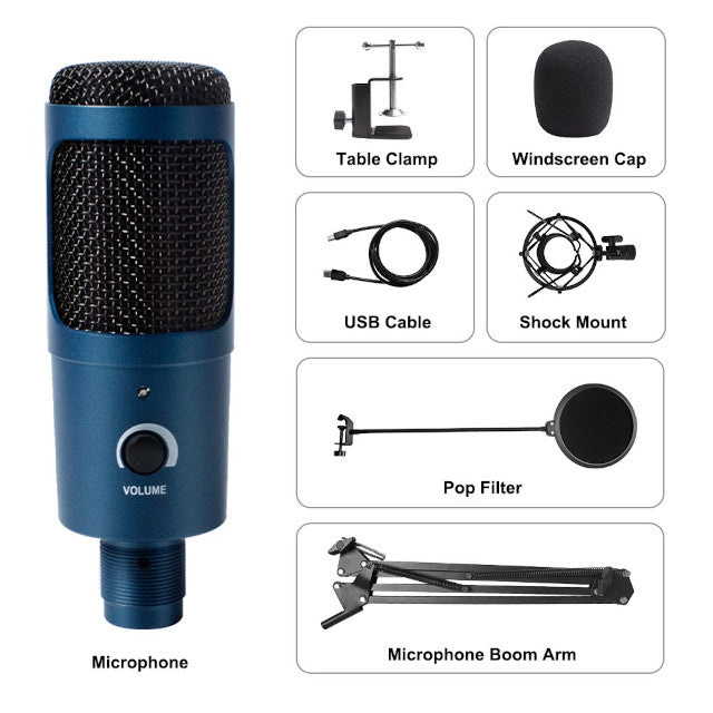 USB Microphone with Boom Arm, Pop Filter, Windscreen, Shock Mount, Table Clamp, Stand