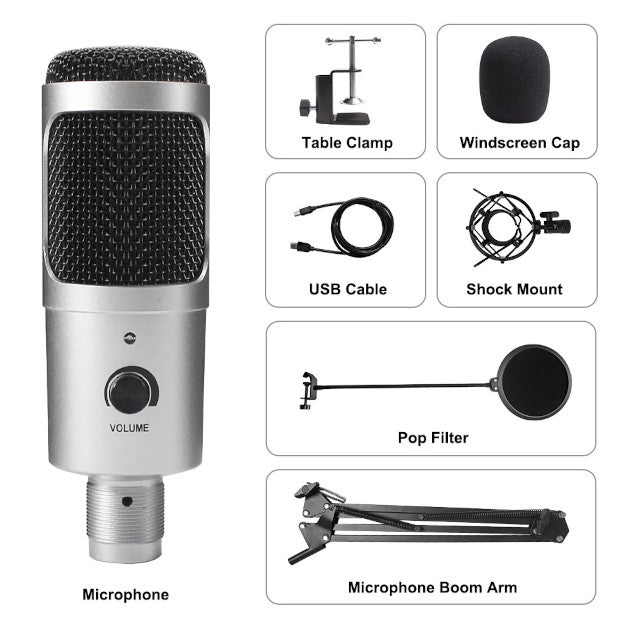 USB Microphone with Boom Arm, Pop Filter, Windscreen, Shock Mount, Table Clamp, Stand