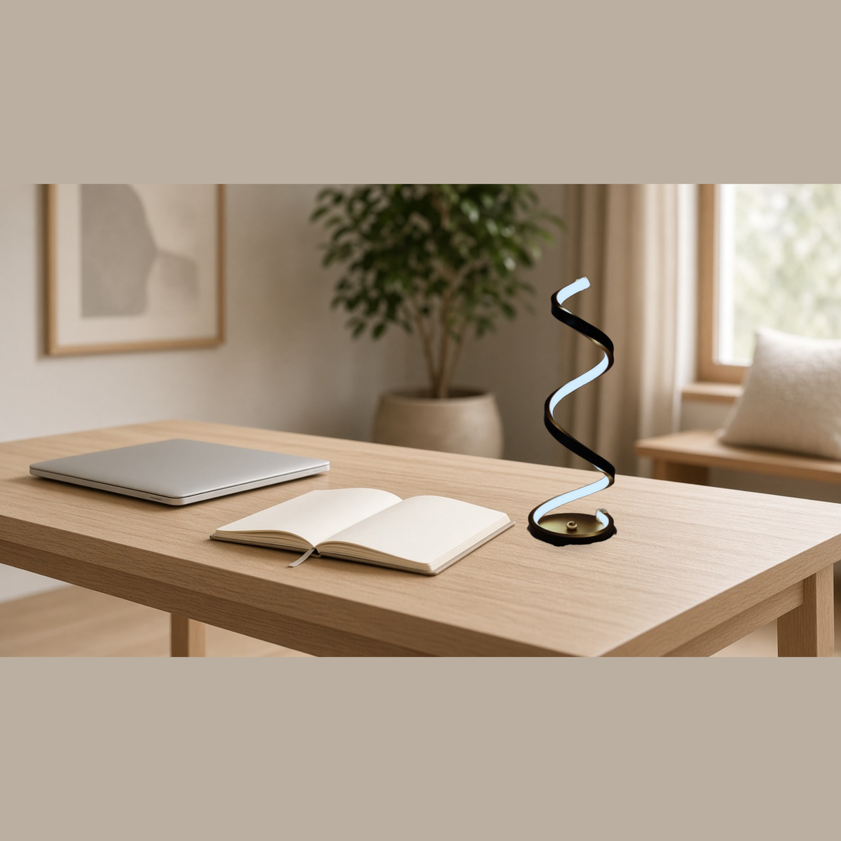 Spiral LED table lamp on desk, warm light