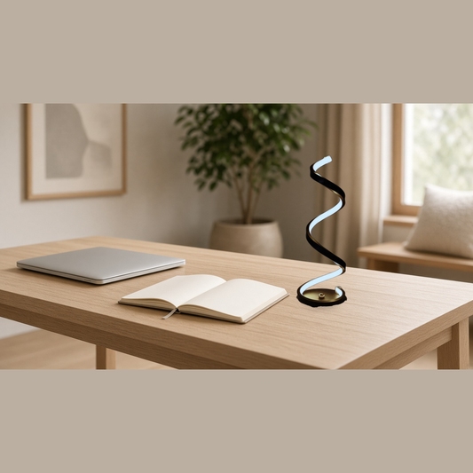 Spiral LED table lamp on desk, warm light