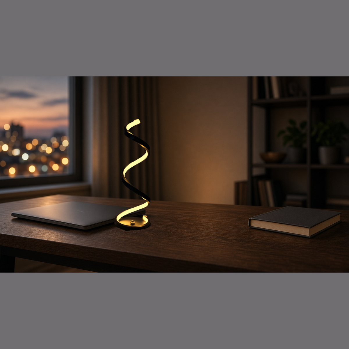 Spiral LED table lamp on desk, cool light