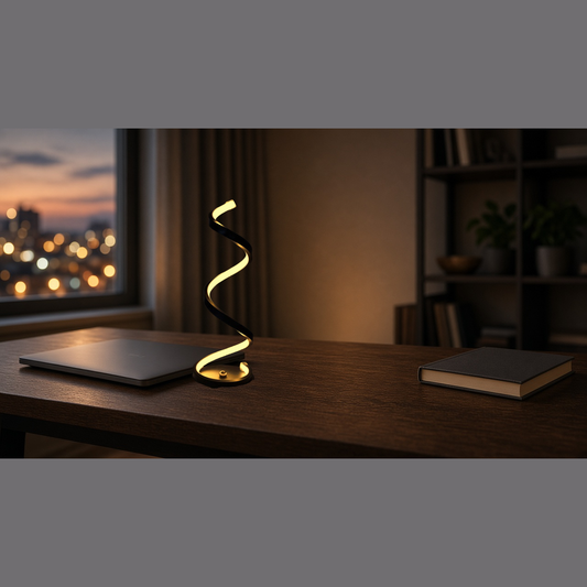 Spiral LED table lamp on desk, cool light