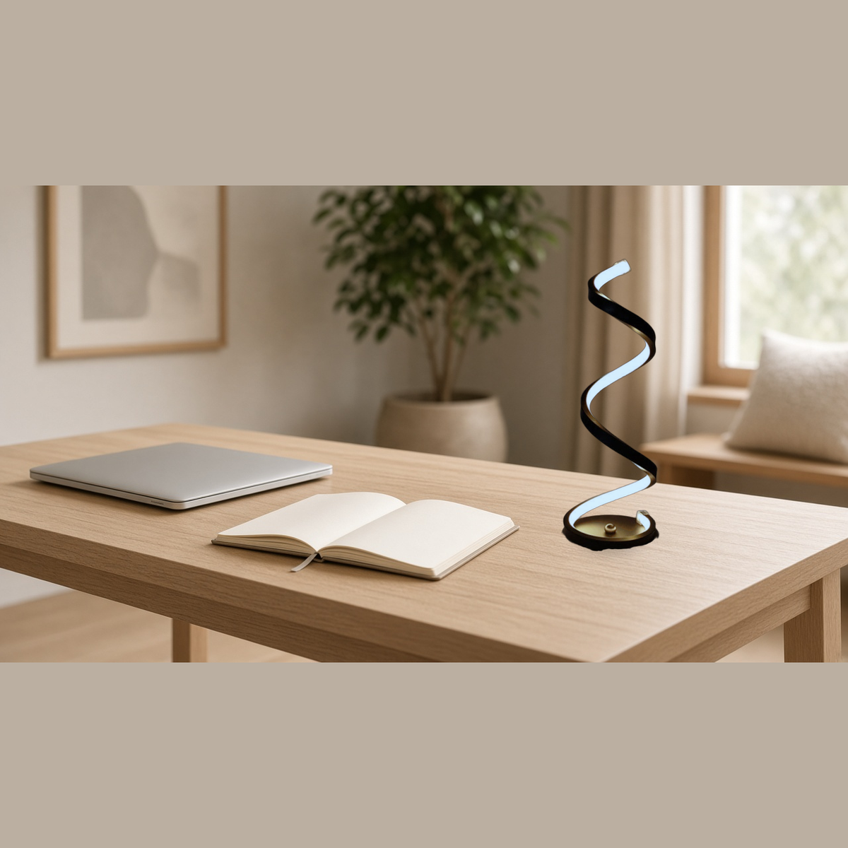 Spiral LED table lamp on desk, ambient workspace