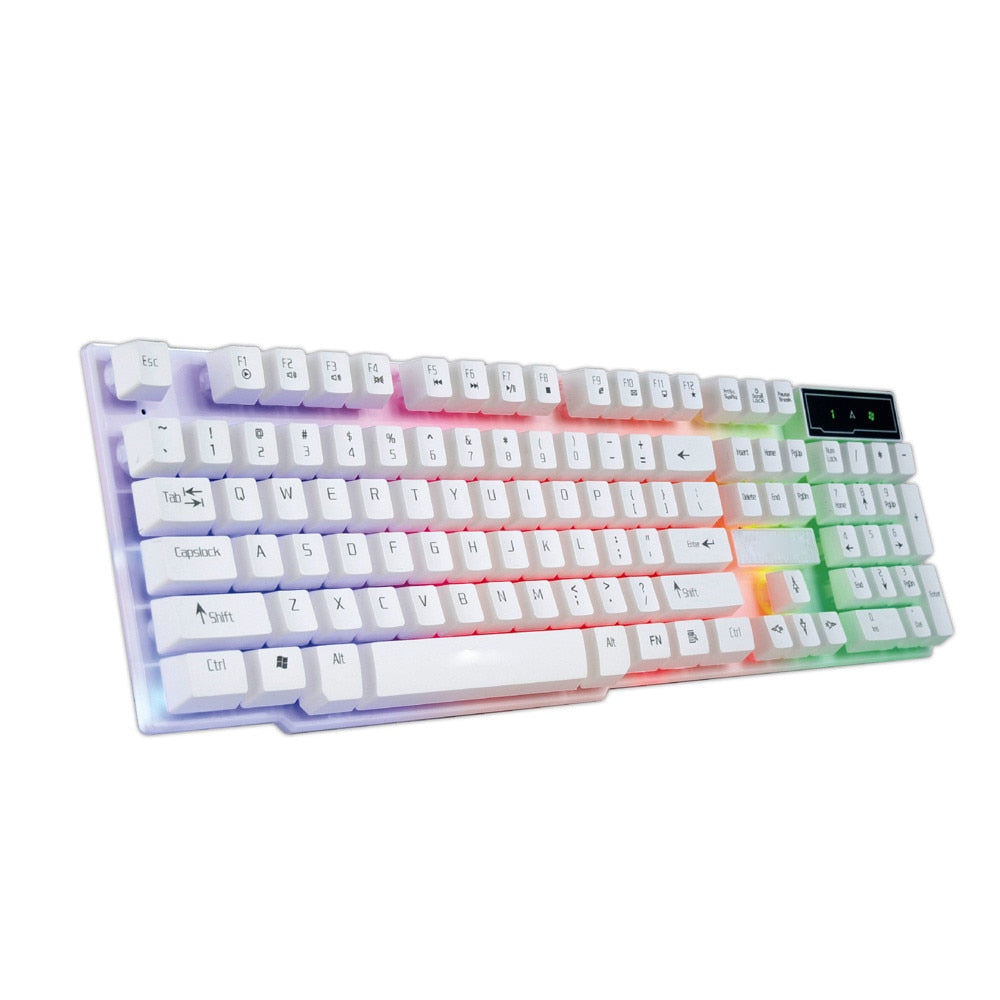 Clean white backlit full-size keyboard packshot for home office