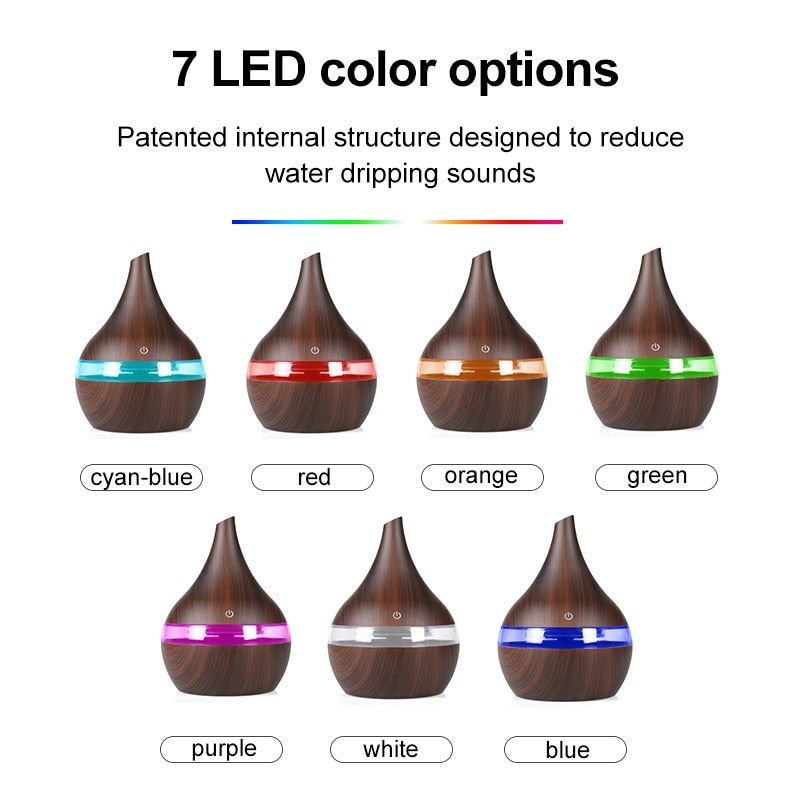 Dark wood desk diffuser showing seven LED color band options