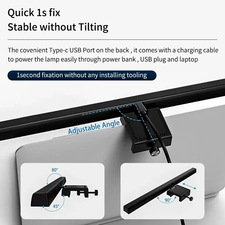 Adjustable light bar with Type-c USB port and charging cable on a white background