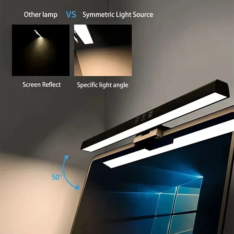 A clip-on monitor light bar shown above a computer monitor, with comparison text and inset diagrams explaining better light distribution compared to other lamps. The product itself is black with a bright white illuminated bar.
