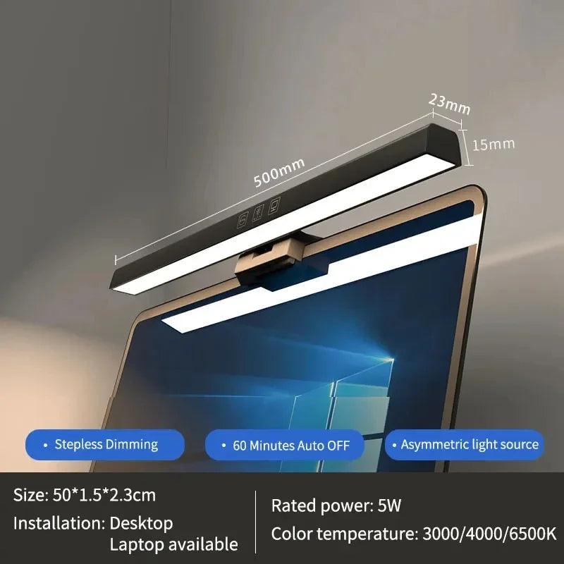 LED desk lamp with dimensions and features on a gray background