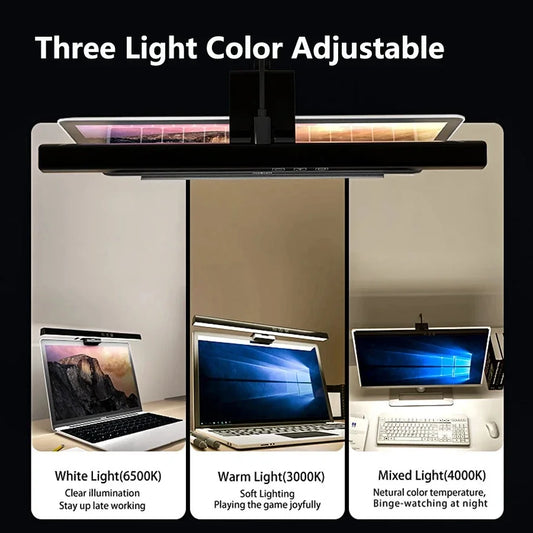 Light fixture with adjustable color temperature on a desk setup with laptops and a monitor.